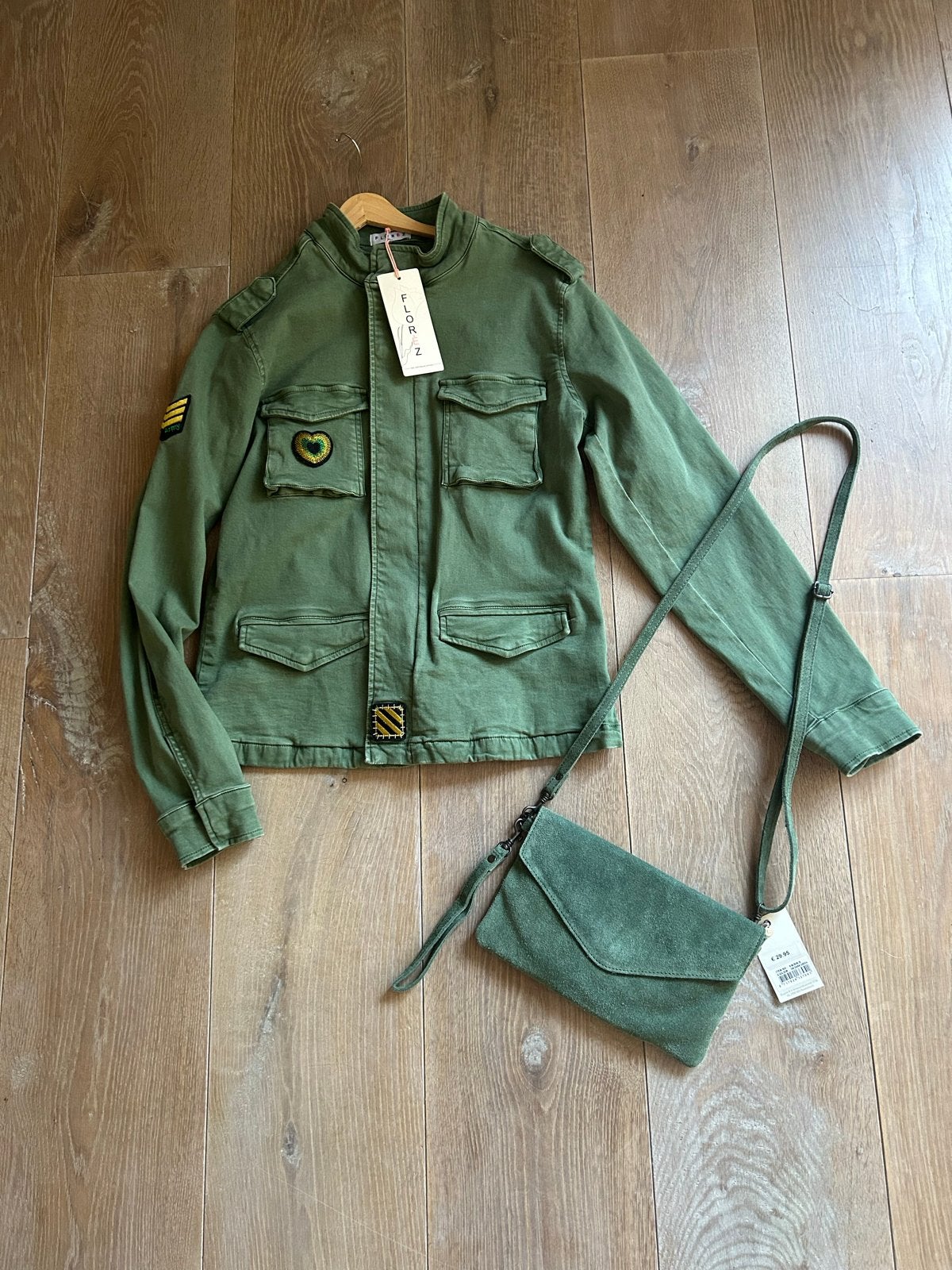 Florez Groen Jasje met Bijpassende Tas - Zo goed als nieuw, Kleding | Dames, Jassen | Zomer, Ophalen of Verzenden, Zo goed als nieuw