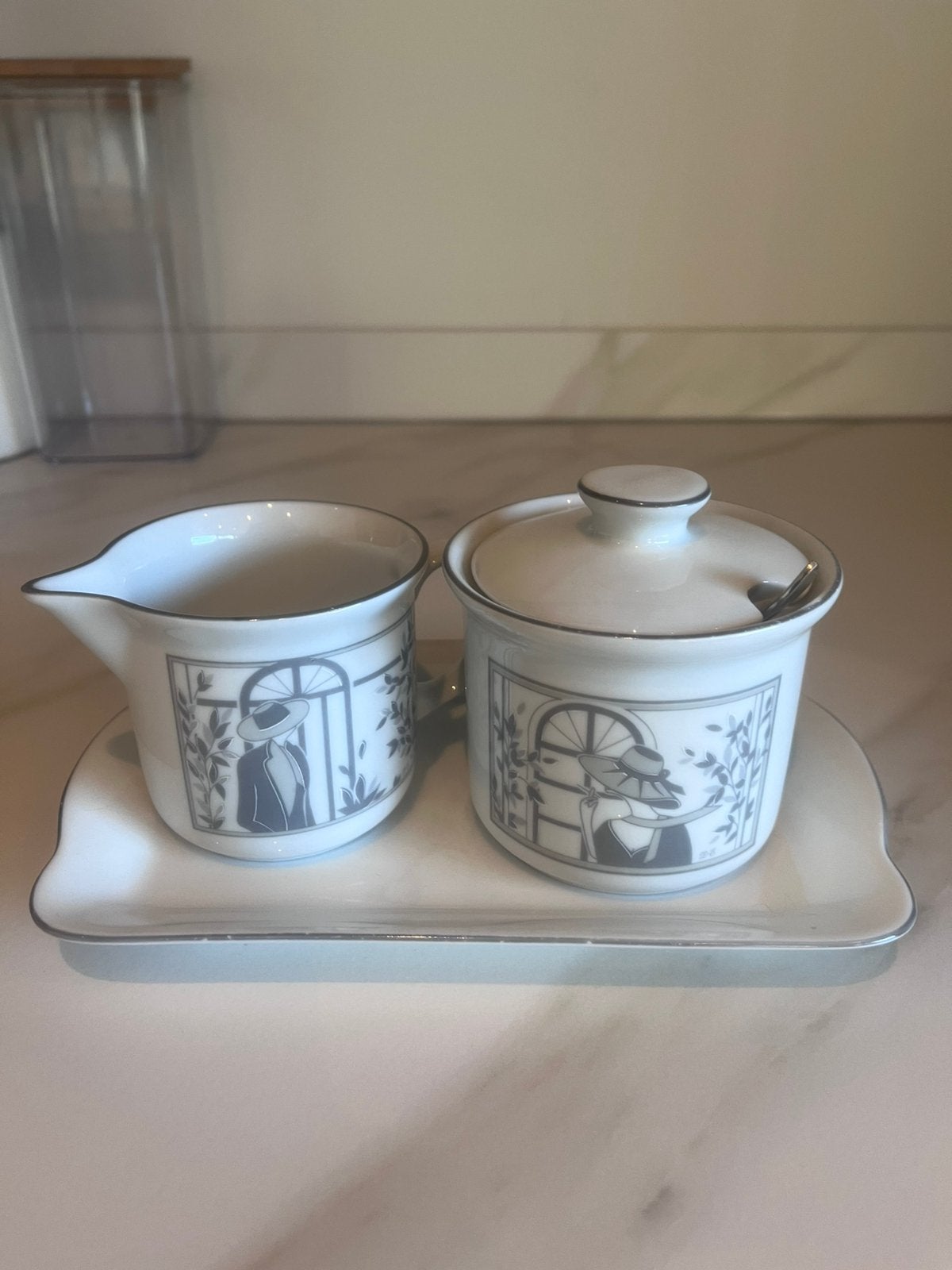 Vintage porseleinen roomstel art deco zilveren suikerlepel, Ophalen of Verzenden