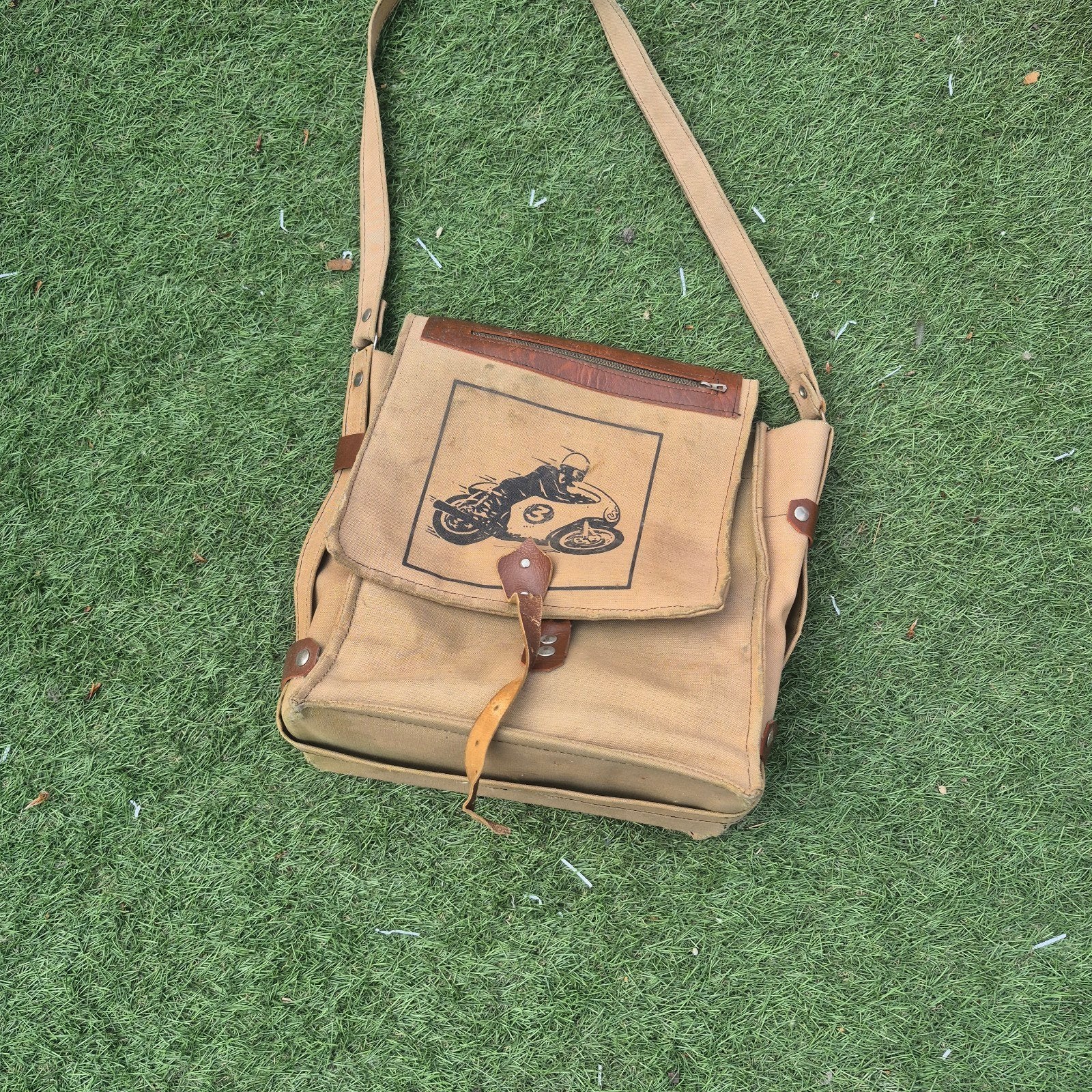 Vintage canvas schoudertas met motorprint, Ophalen of Verzenden, Gedragen, Onbekend