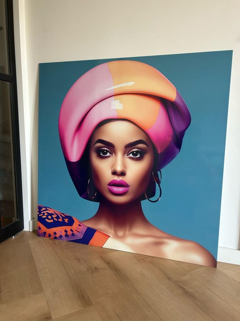 Expositie stuk op Dibond vrouw portret 100 x 100 cm, Ophalen of Verzenden