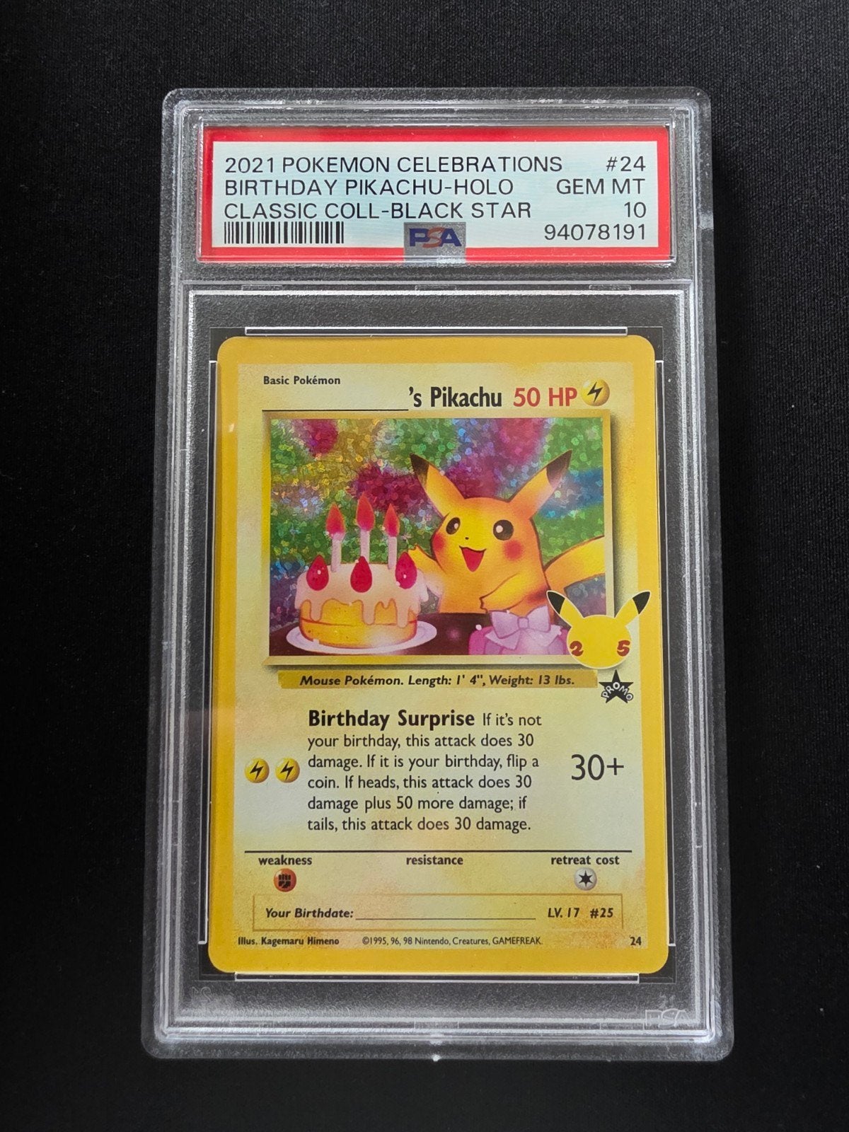 PSA 10 Pikachu Celebrations Holo #24 Pokémon Kaart, Ophalen of Verzenden, Nieuw, Losse kaart