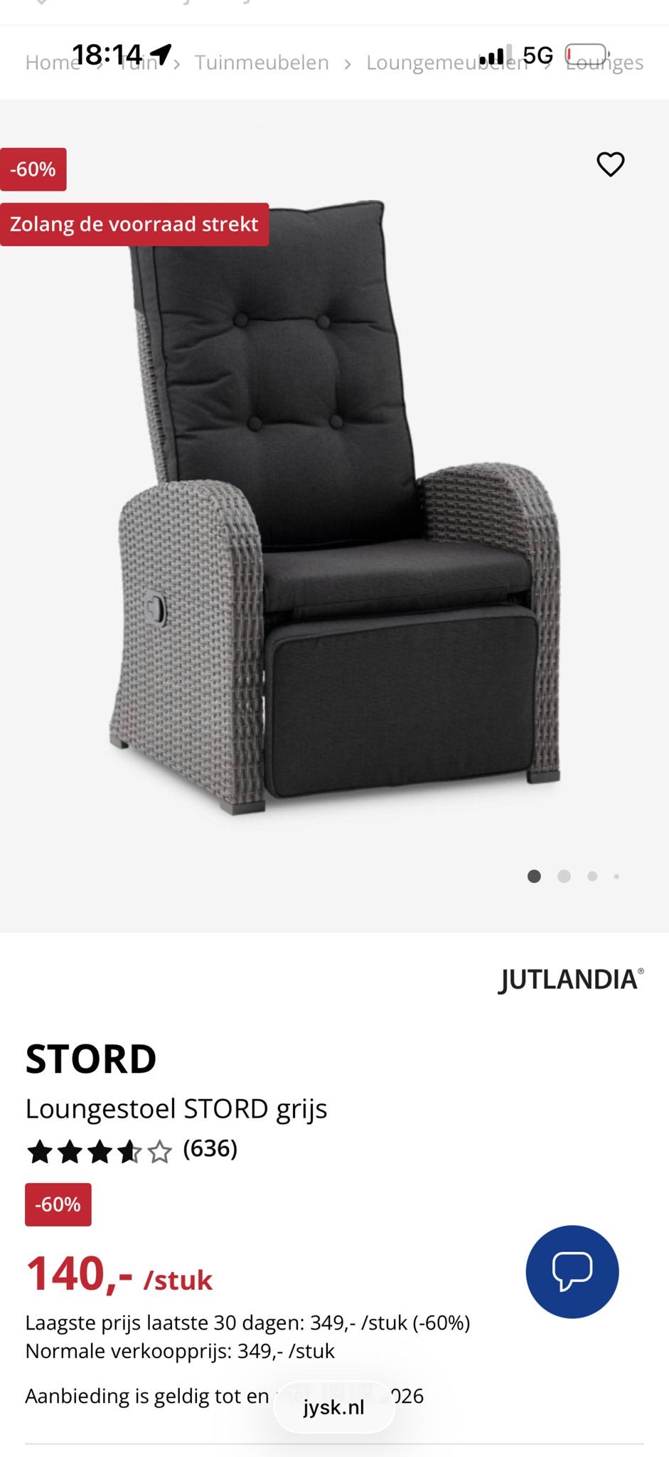 Loungestoel Stord grijs met voetensteun, 2 zitplaatsen, Gebruikt, Ophalen of Verzenden, Loungeset
