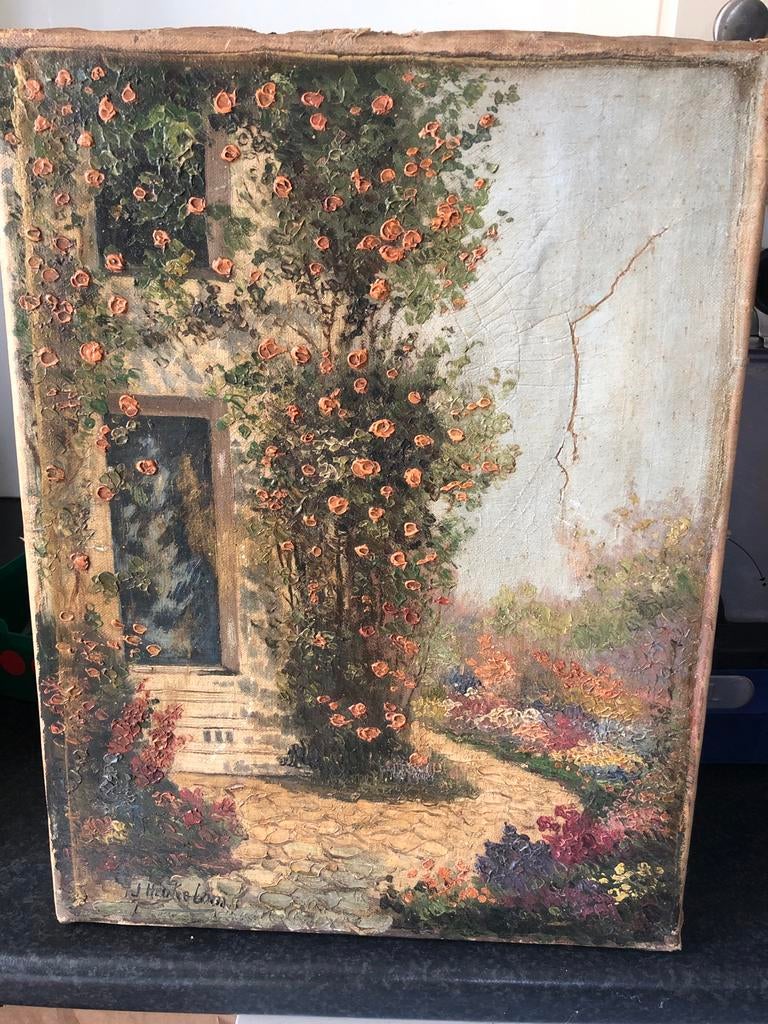 Oud schilderij: Huis met bloeiende klimrozen, gesigneerd, Ophalen of Verzenden