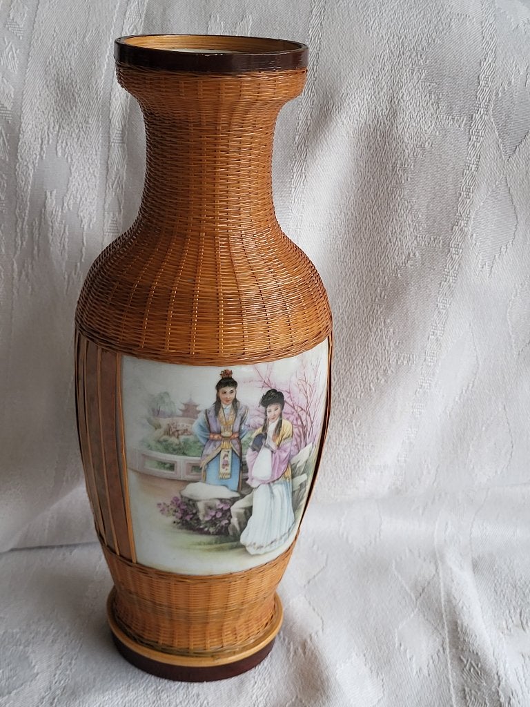 Vintage vaas van geweven bamboe en porselein, Ophalen of Verzenden