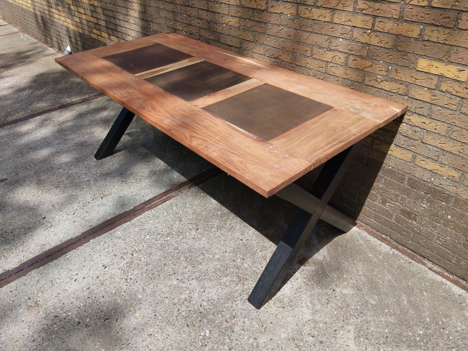 5 mango houten tafelblad met cortenstaal onderstel, Overige houtsoorten, 200 cm of meer, Industrieel, Modern, Zo goed als nieuw