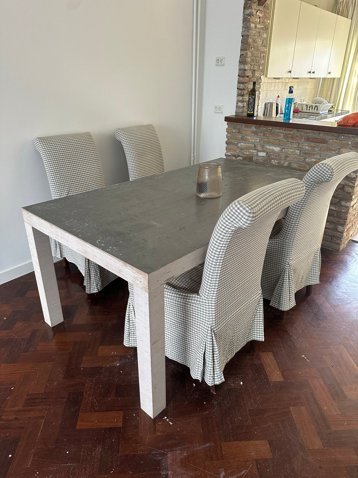 Eettafel met RVS blad en 4 stoelen, Ophalen, Gebruikt, 100 tot 150 cm, 50 tot 100 cm