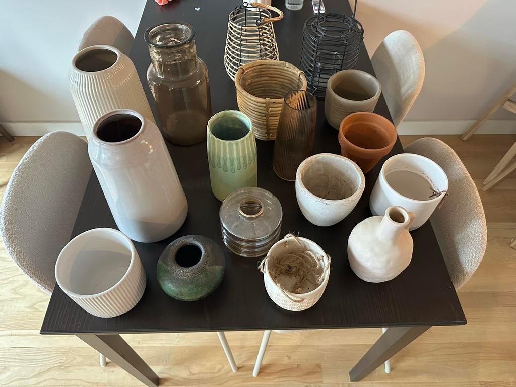 17 diverse potten en vazen - decoratiepakket, Ophalen, Overige kleuren, Minder dan 50 cm, Glas