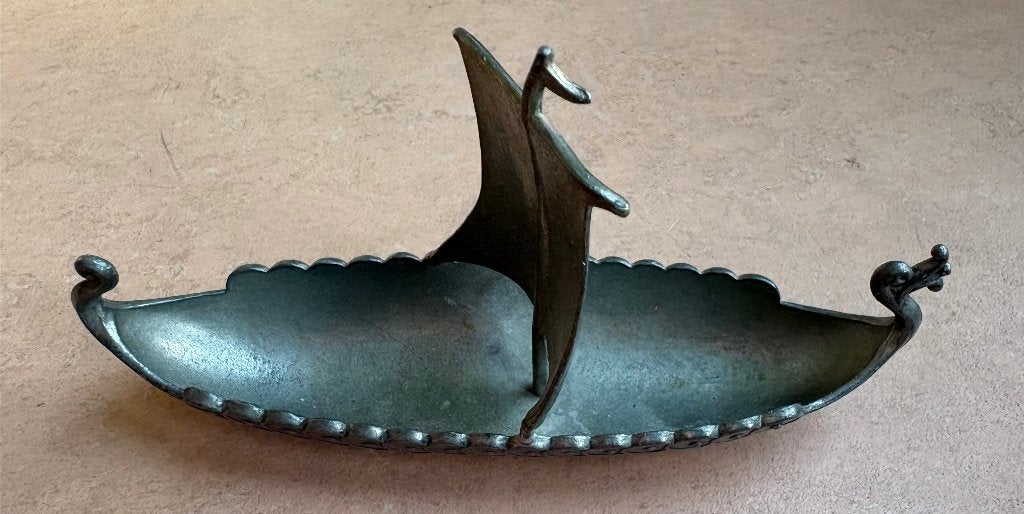 Tinnen zoutvat in de vorm van een vikingschip, Antiek en Kunst, Ophalen of Verzenden