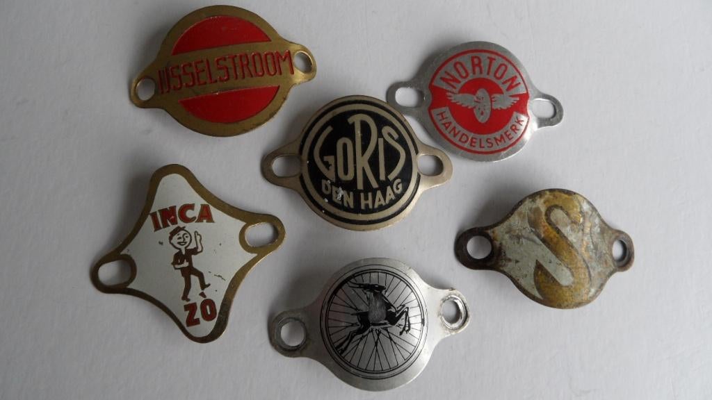 Oldtimerrijwiel spatbord plaatjes 6 x verschillend, Verzenden, Gebruikt, Gebruiksvoorwerp