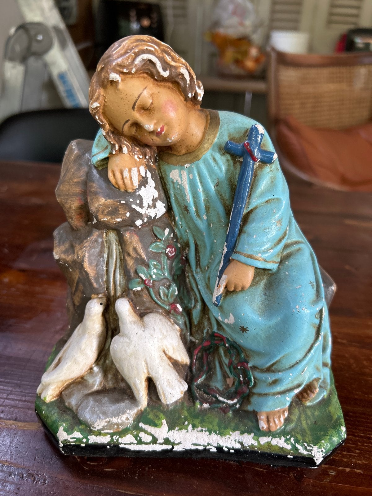 Vintage Beeldje Slapend Kindje Jezus met Duiven, Ophalen of Verzenden