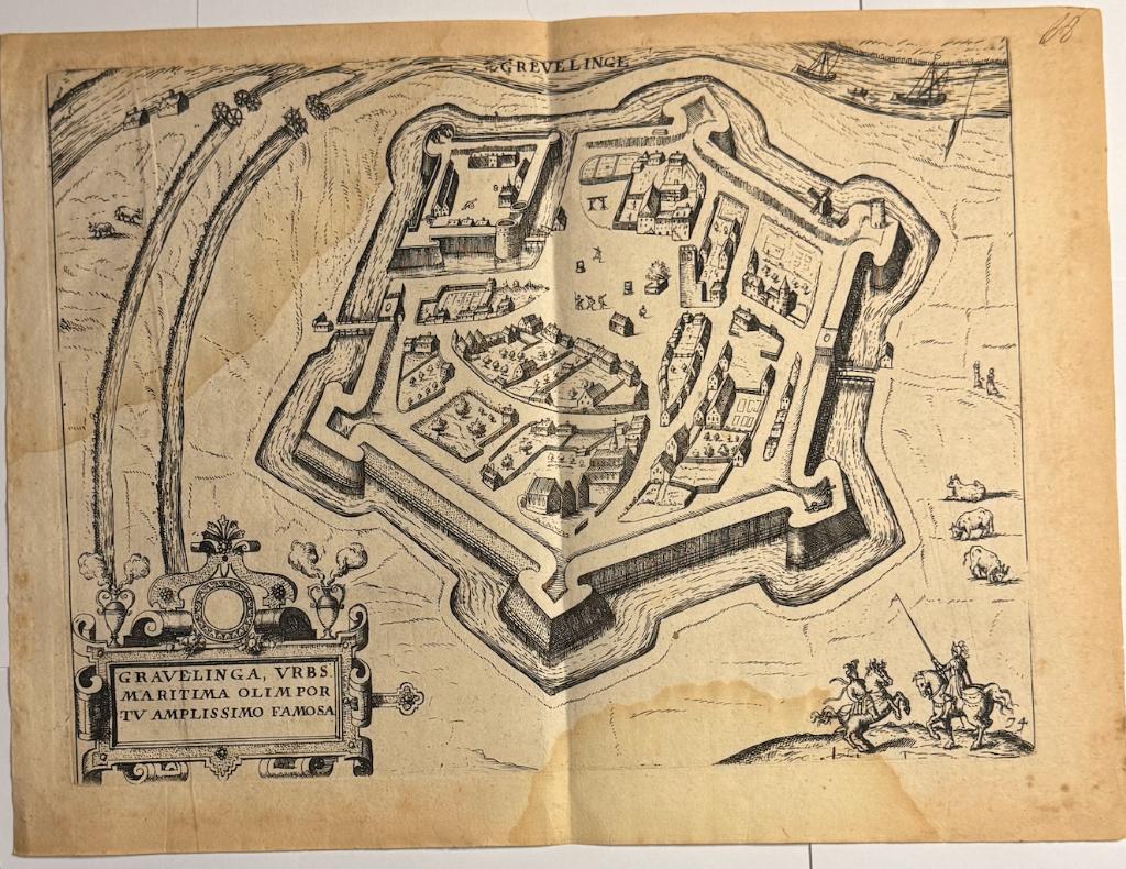 Stadskaart Gravelingen Gravelines Guicciardini 17e eeuw, Antiek en Kunst, Kunst | Etsen en Gravures, 34 cm, 25 cm, Cartografie