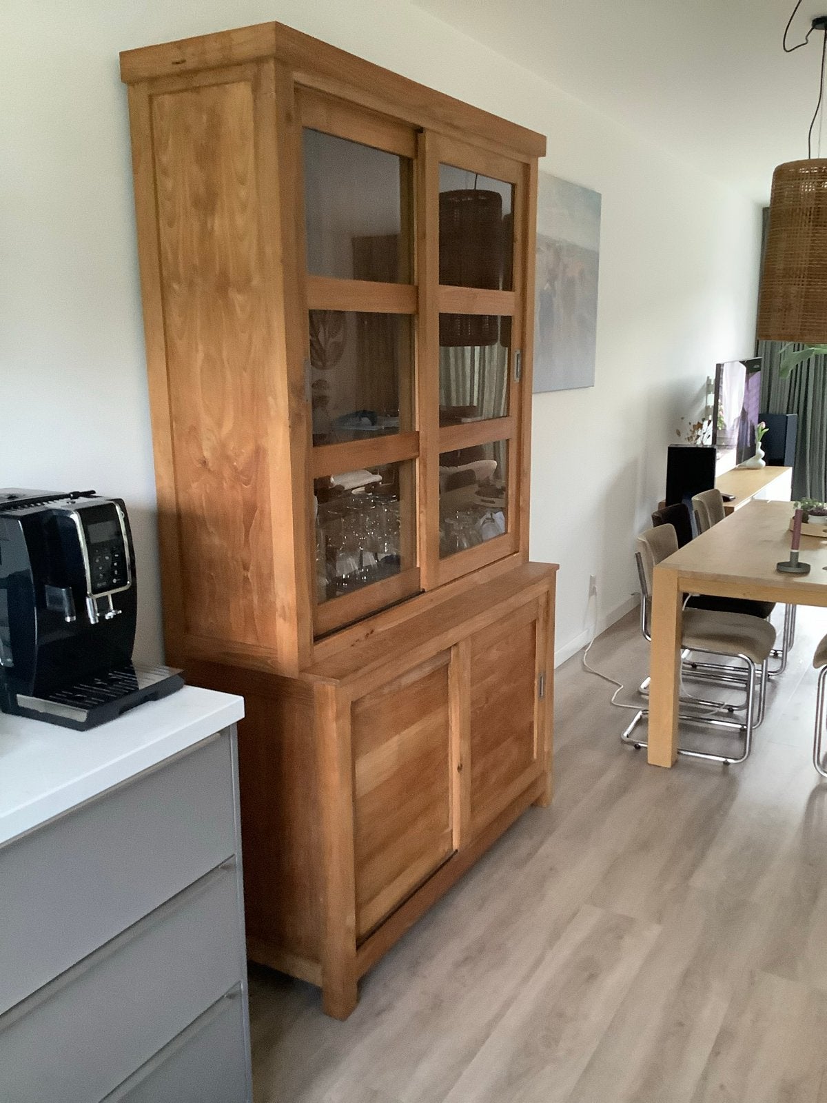 Teakhouten vitrinekast - 220 cm hoog, demonteerbaar, Huis en Inrichting, Kasten | Vitrinekasten, Ophalen, Gebruikt, 100 tot 150 cm