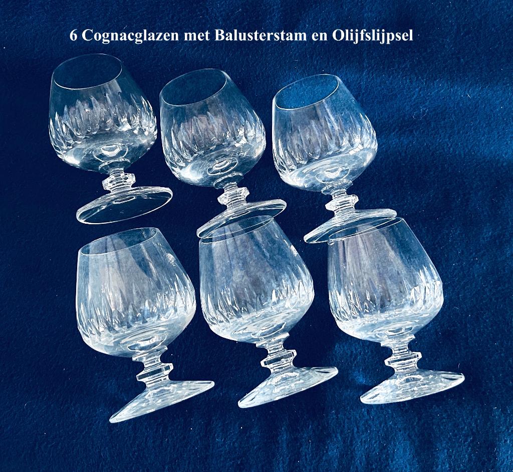 6 Cognacglazen Balusterstam Olijfslijpsel kristal glas, Ophalen, Glas of Glazen, Gebruikt, Glas