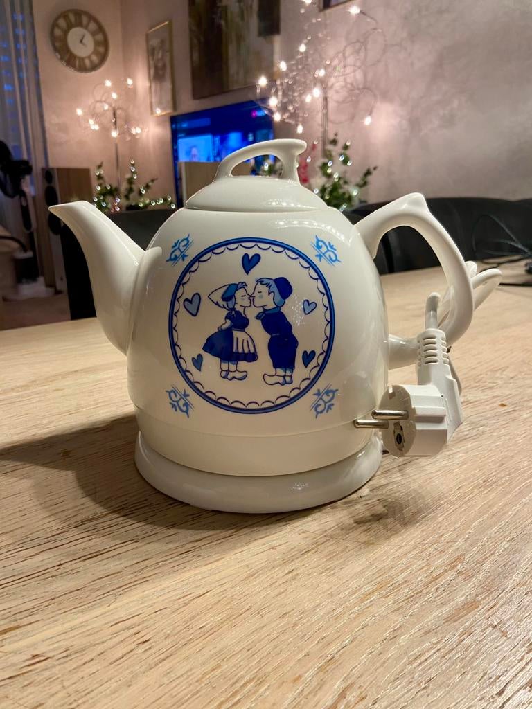 Keramische retro waterkoker theepot Delfts blauw stijl NIEUW, Ophalen of Verzenden, Nieuw, Draadloos