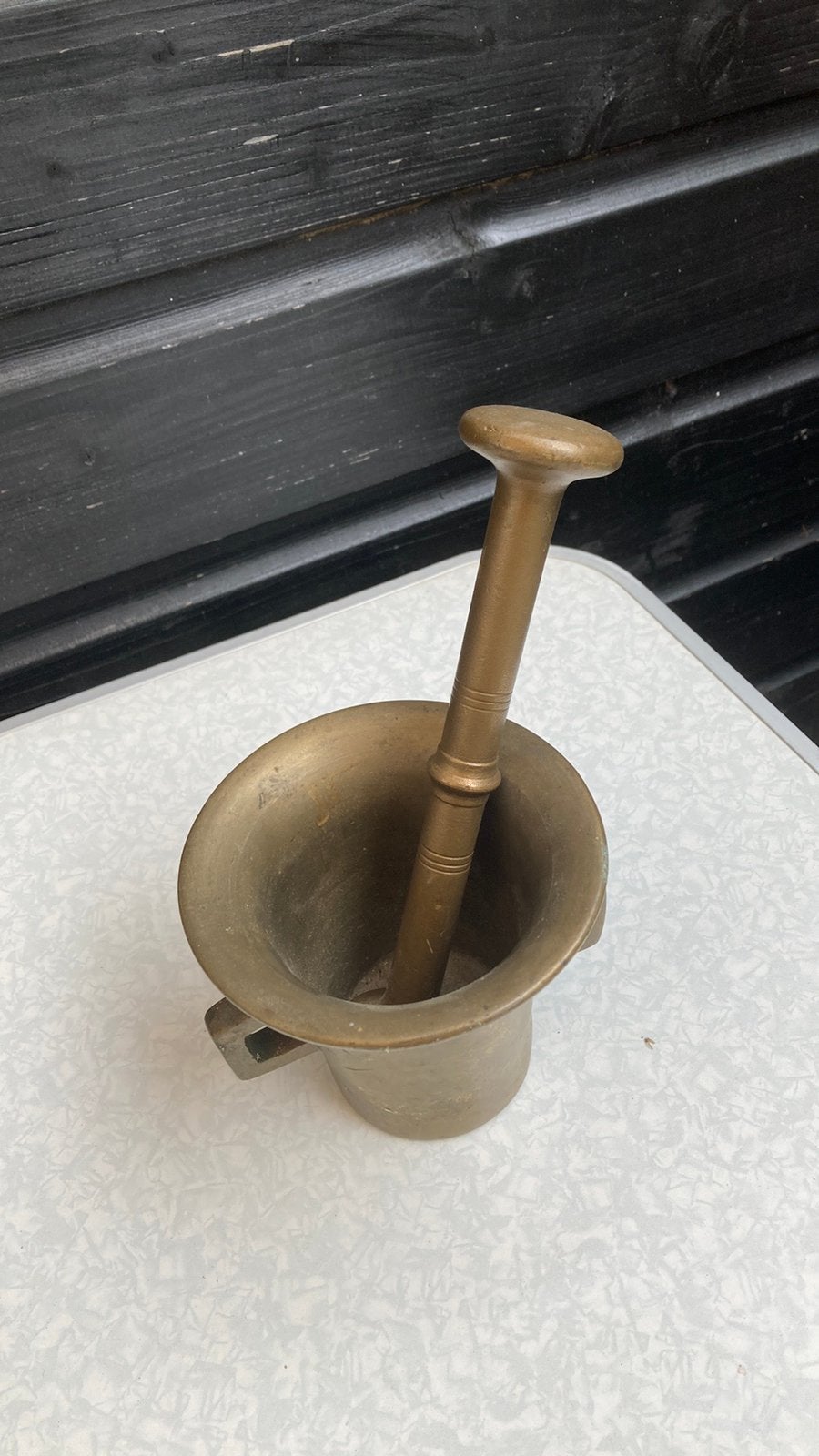 Oude bronzen vijzel met grote stamper, Ophalen of Verzenden