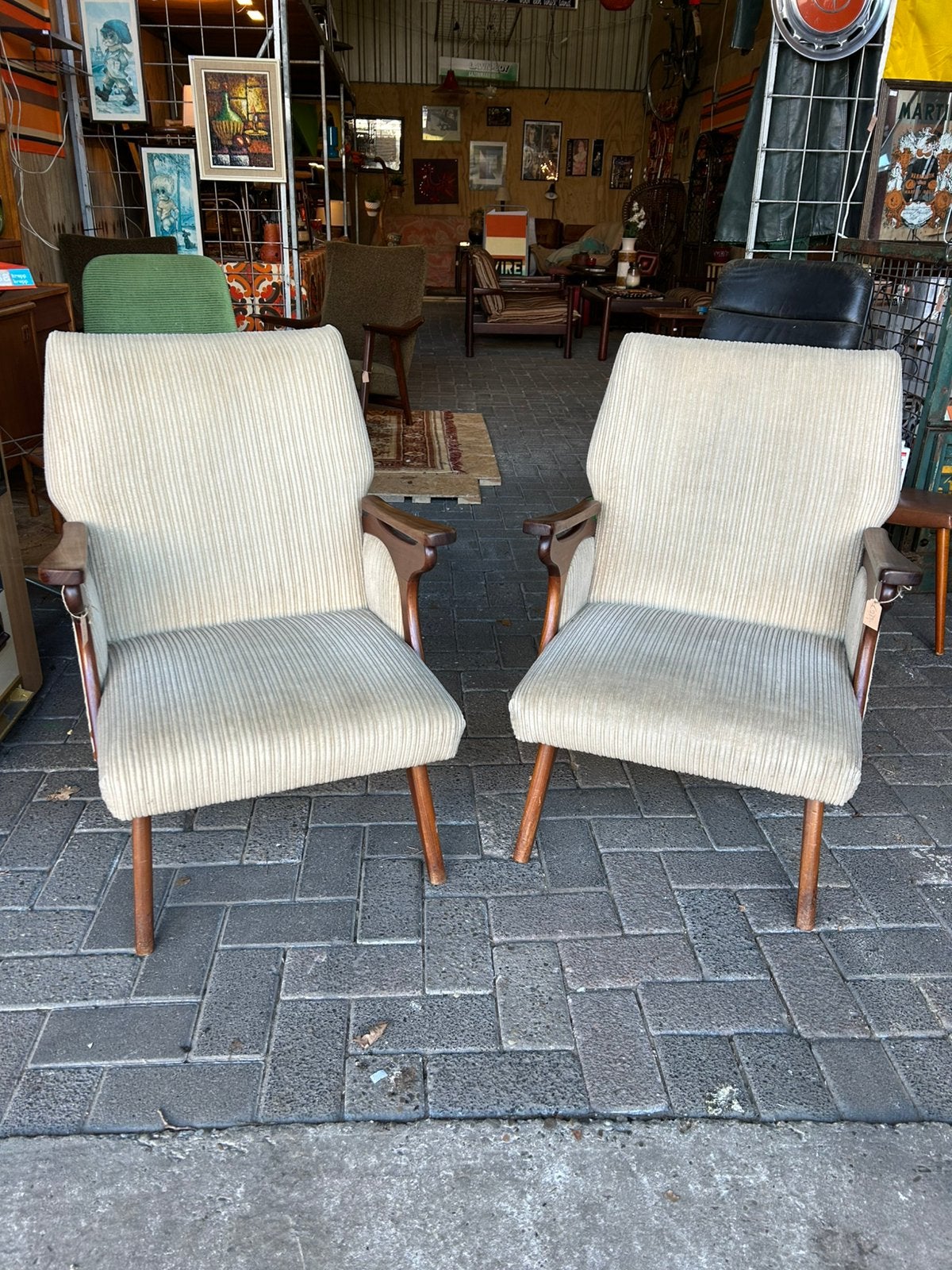 2 vintage fauteuils, teak houten, beige, jaren 60, prijs p/s, Ophalen, Minder dan 75 cm, Vintage, ?