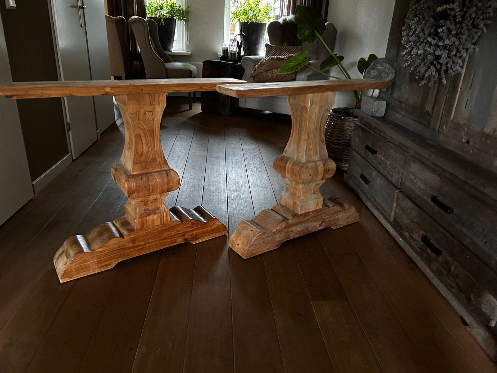 Set van 2 massief houten tafelpoten, robuust design, Tafelpoot, Kloosterpoot, Gebruikt, Teakhout