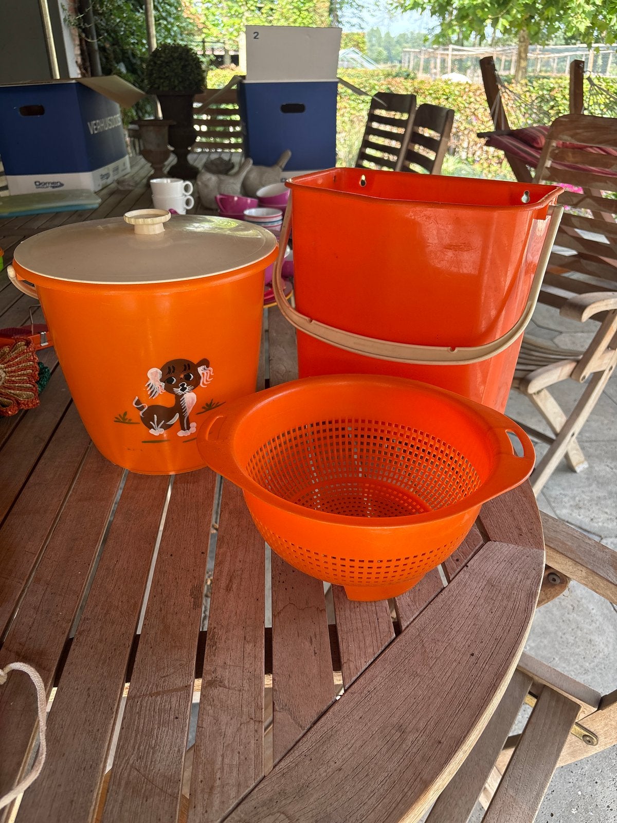 Vintage oranje plastic emmers en vergiet - Retro keuken set, Ophalen of Verzenden