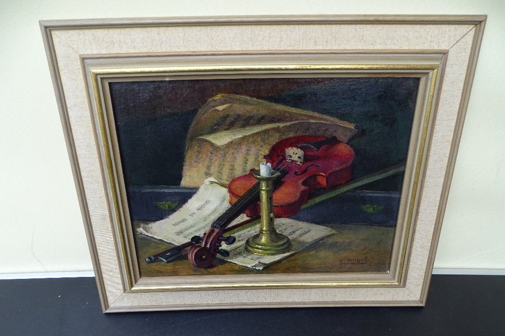 Vintage schilderij van Viool, jaren 60, Ophalen, Doek, Stilleven, Klassiek
