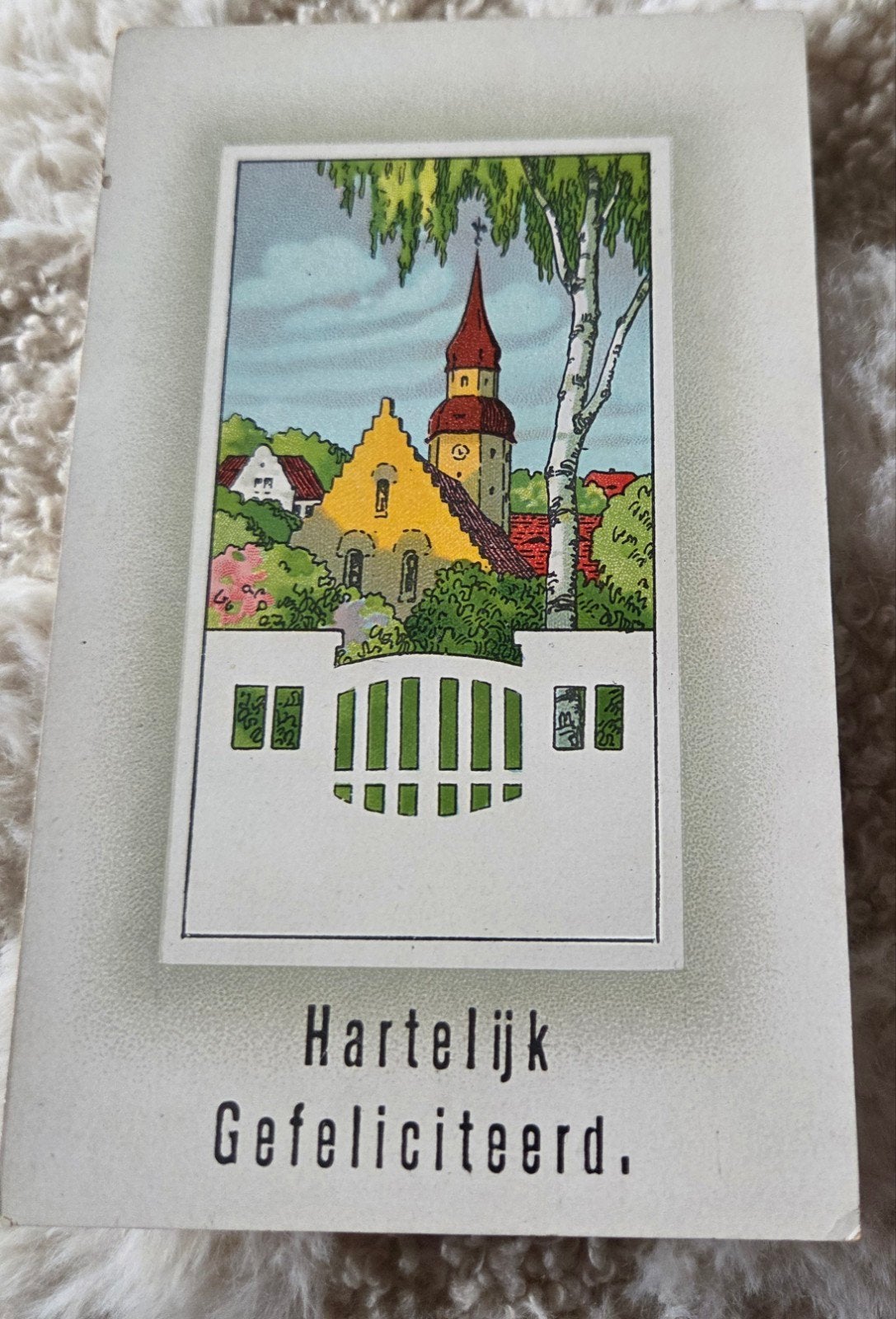 Oude ansichtkaart 'Hartelijk Gefeliciteerd' - Kerk en huis, Verzenden, Voor 1920, Ongelopen, Overige thema's