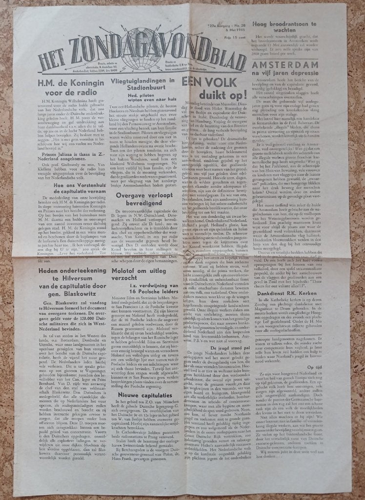 Het Zondagavondblad Amsterdam 6 mei 1945 bevrijding, Verzenden, Overige soorten, X, Nederland