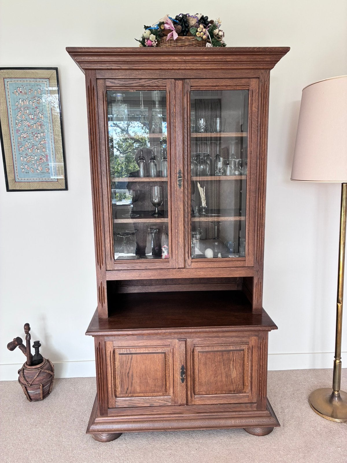 Eiken vitrine kast, Ophalen, 50 tot 100 cm, Zo goed als nieuw, 150 tot 200 cm