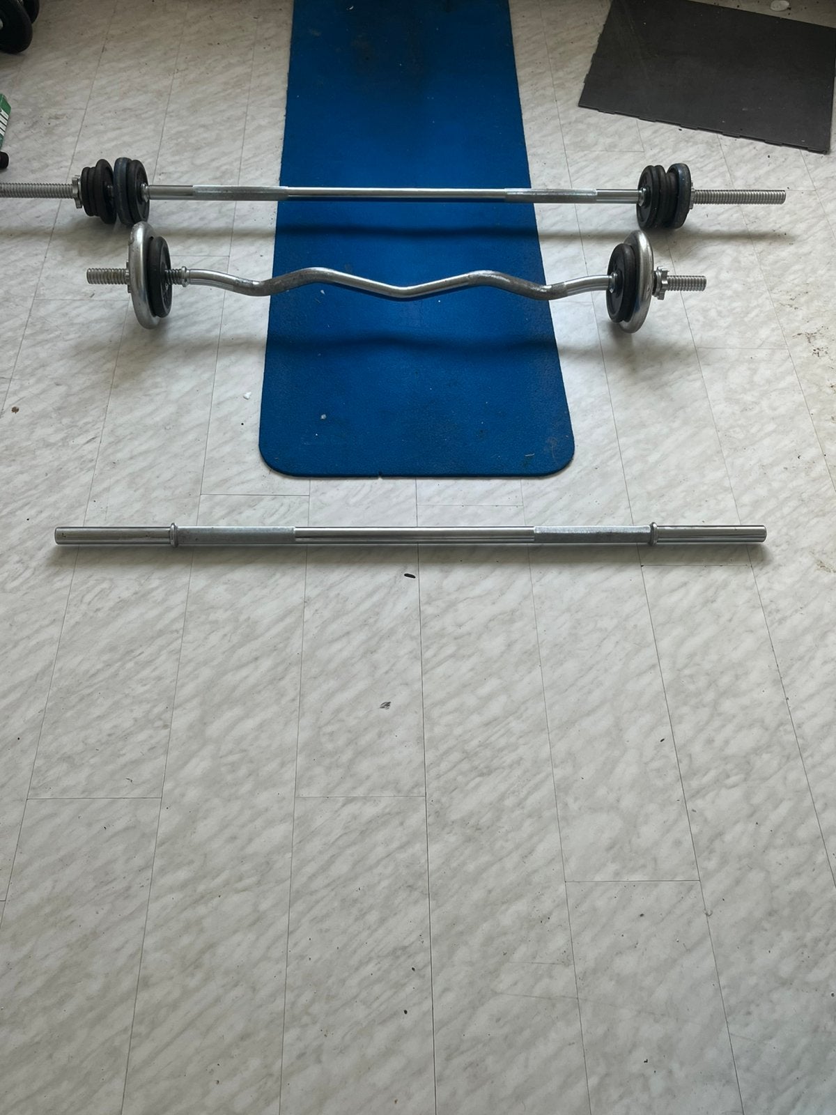 2 Halterstangen & EZ Curlbar met gewichtschijven, Sport en Fitness, Fitnessmaterialen, Ophalen, Zo goed als nieuw