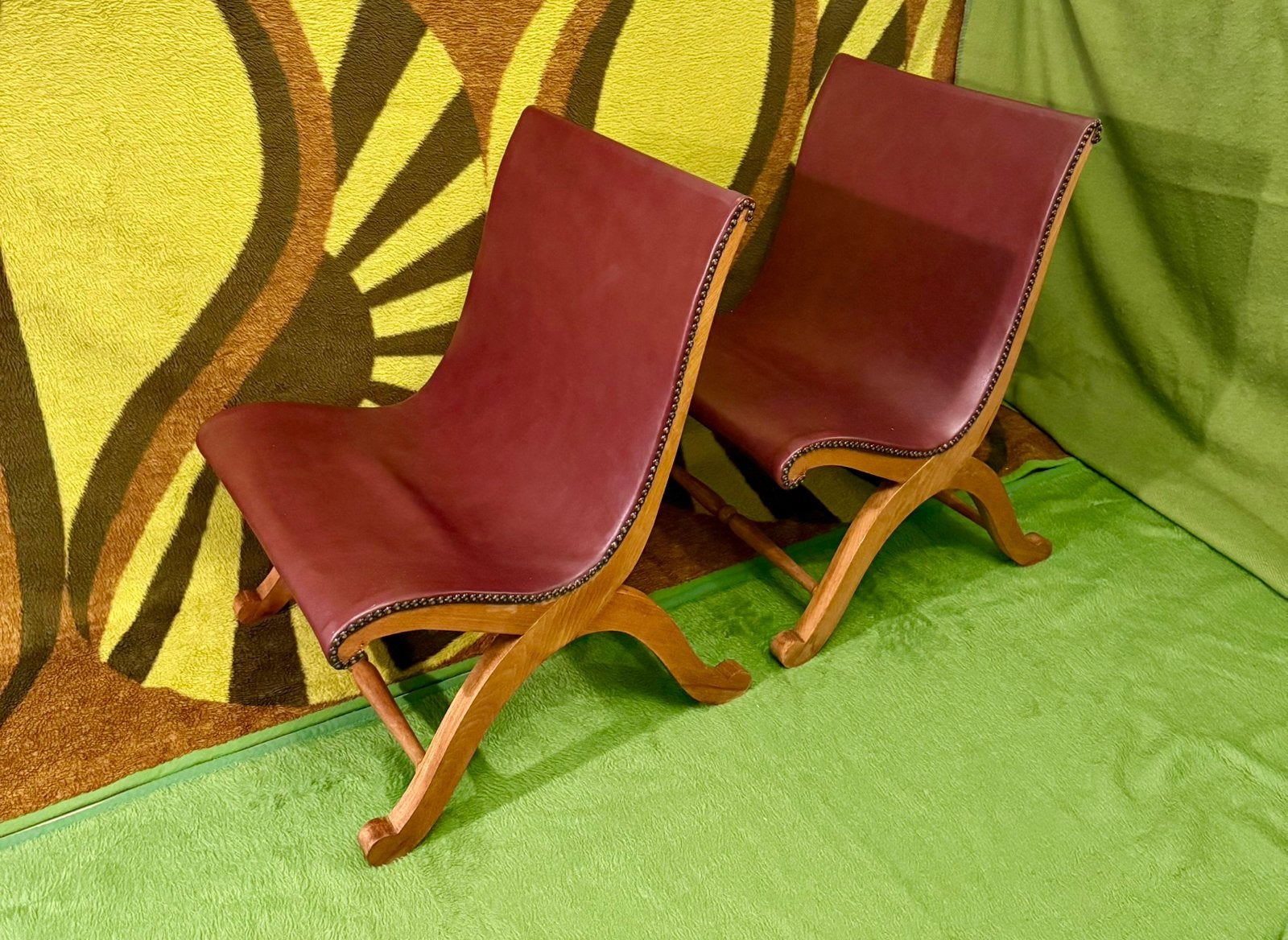 Pierre Lottier slipper chairs van bordeauxrood leer set., Ophalen of Verzenden