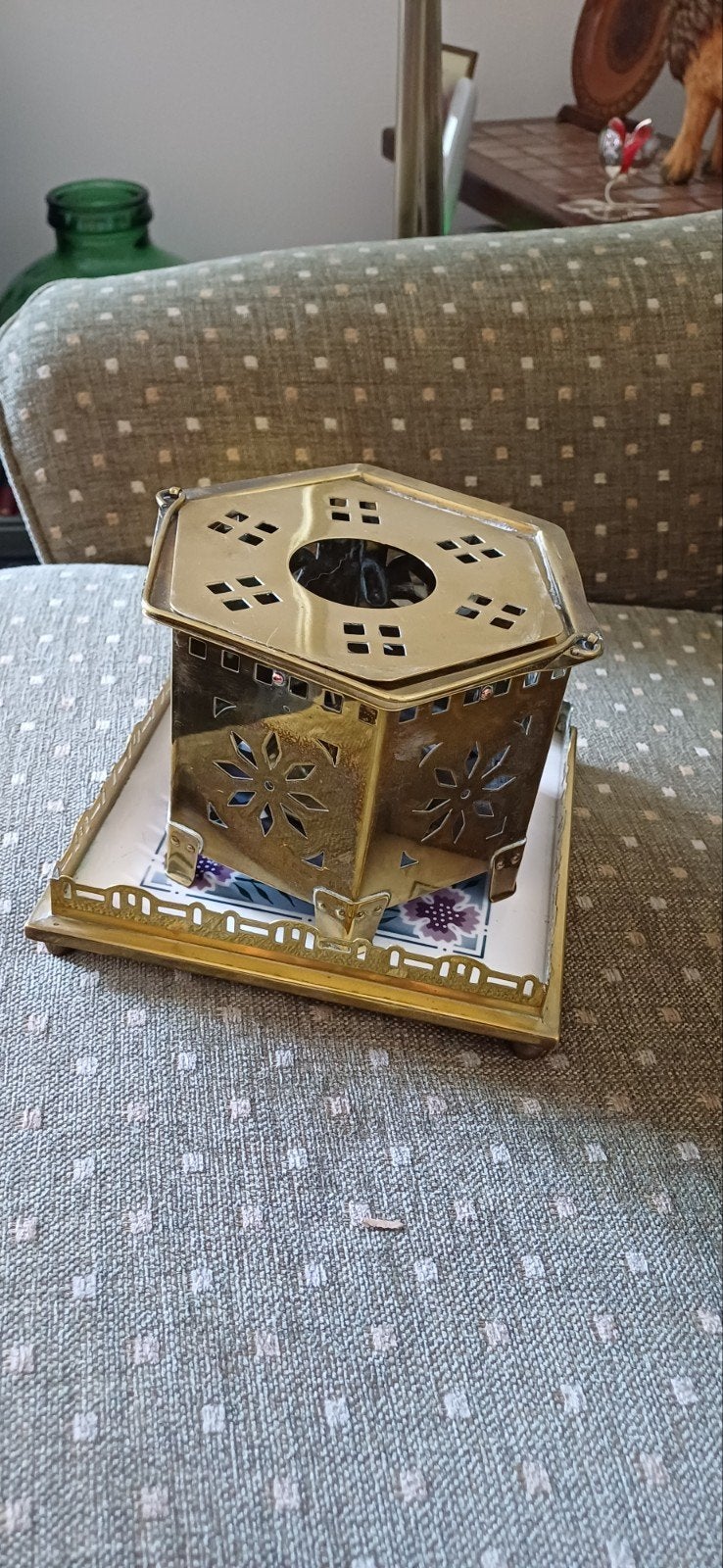 Antiek messing zeshoekig theelicht met tegelplateau Art Deco, Ophalen