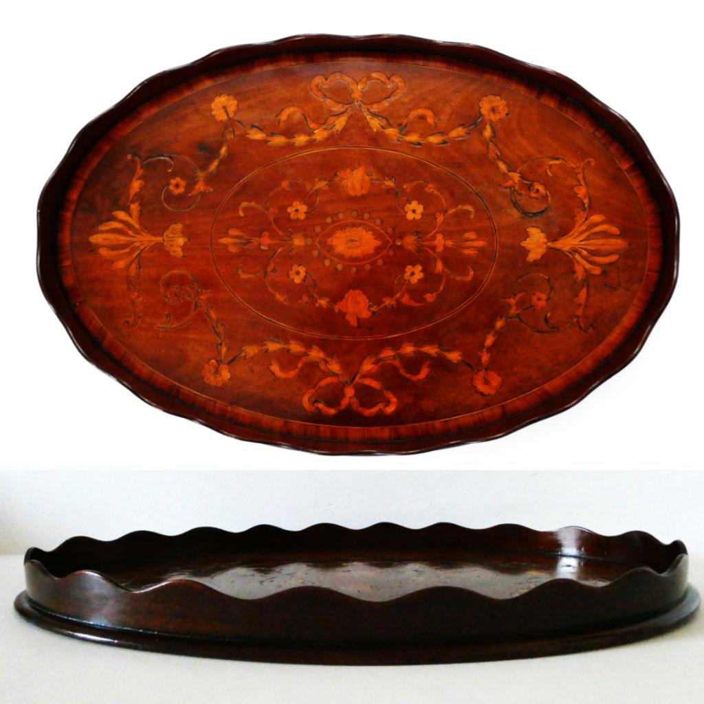 Antiek mahonie hout dienblad serveerblad floraal ingelegd, Ophalen of Verzenden, Handgemaakt, 20 - 50 cm, Hout