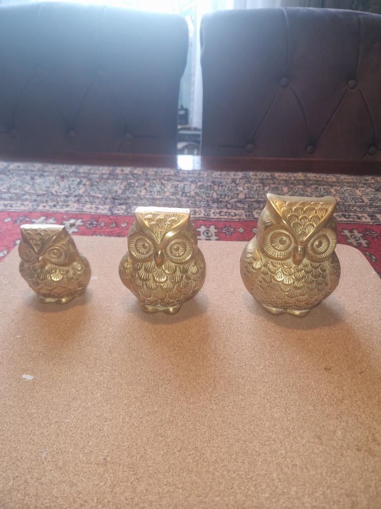 3 Antieke vintage koperen uilen vogeldecor in goede staat, Ophalen of Verzenden, Koper