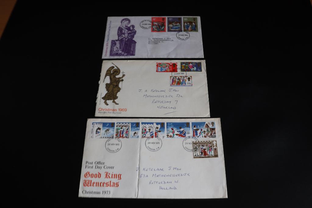 FDC Kerst Engeland 1969 – 1970 – 1973, Ophalen of Verzenden, Gestempeld