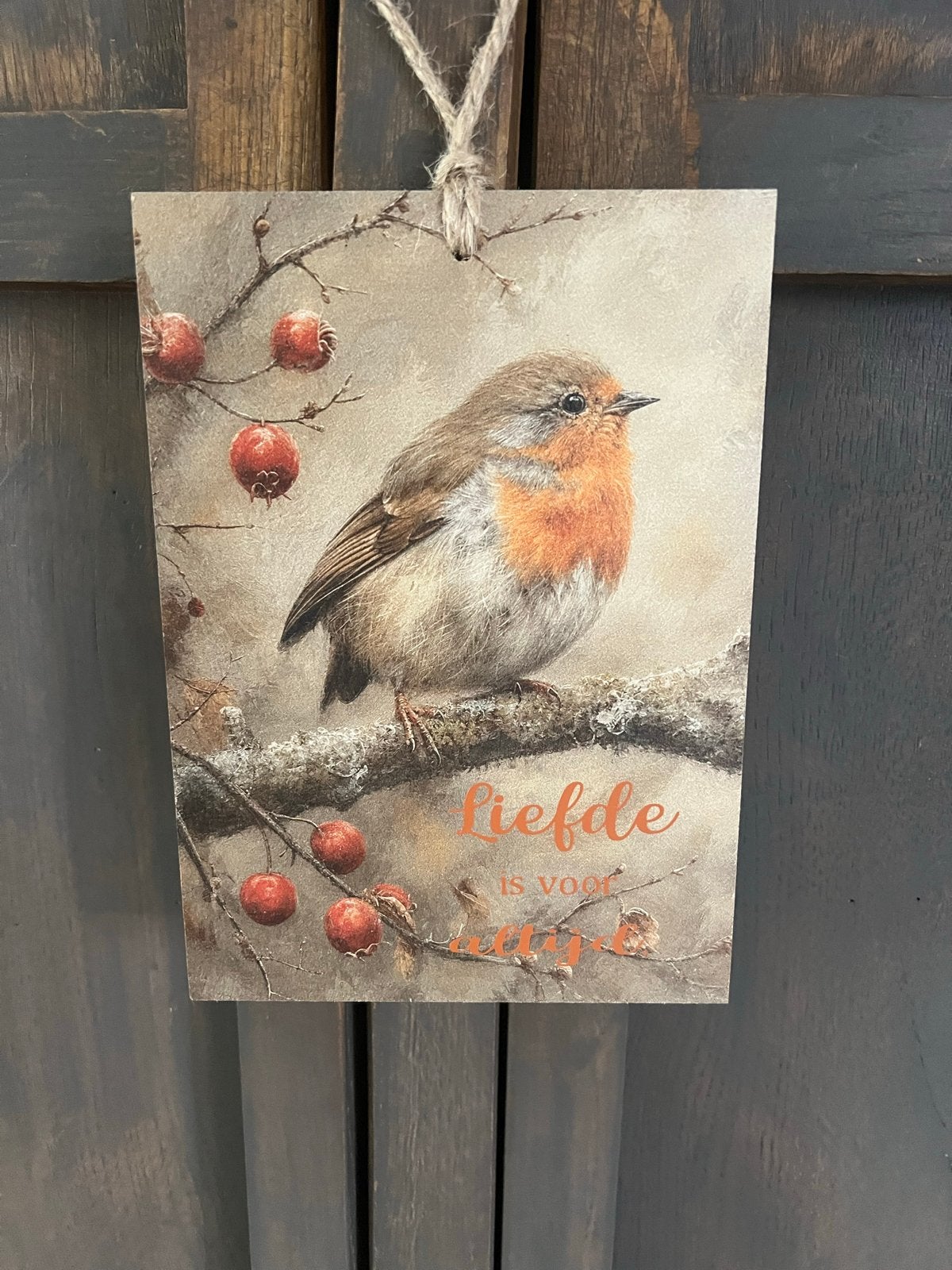 Houten Bordje met Roodborstje en Tekst 'Liefde is voor altij, Huis en Inrichting, Hout, Meerkleurig, Nieuw, Ophalen of Verzenden