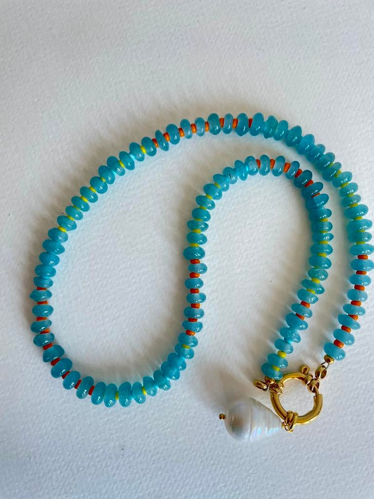 Glaskralen ketting met barok parel, Ophalen of Verzenden, Nieuw, Blauw, Overige materialen