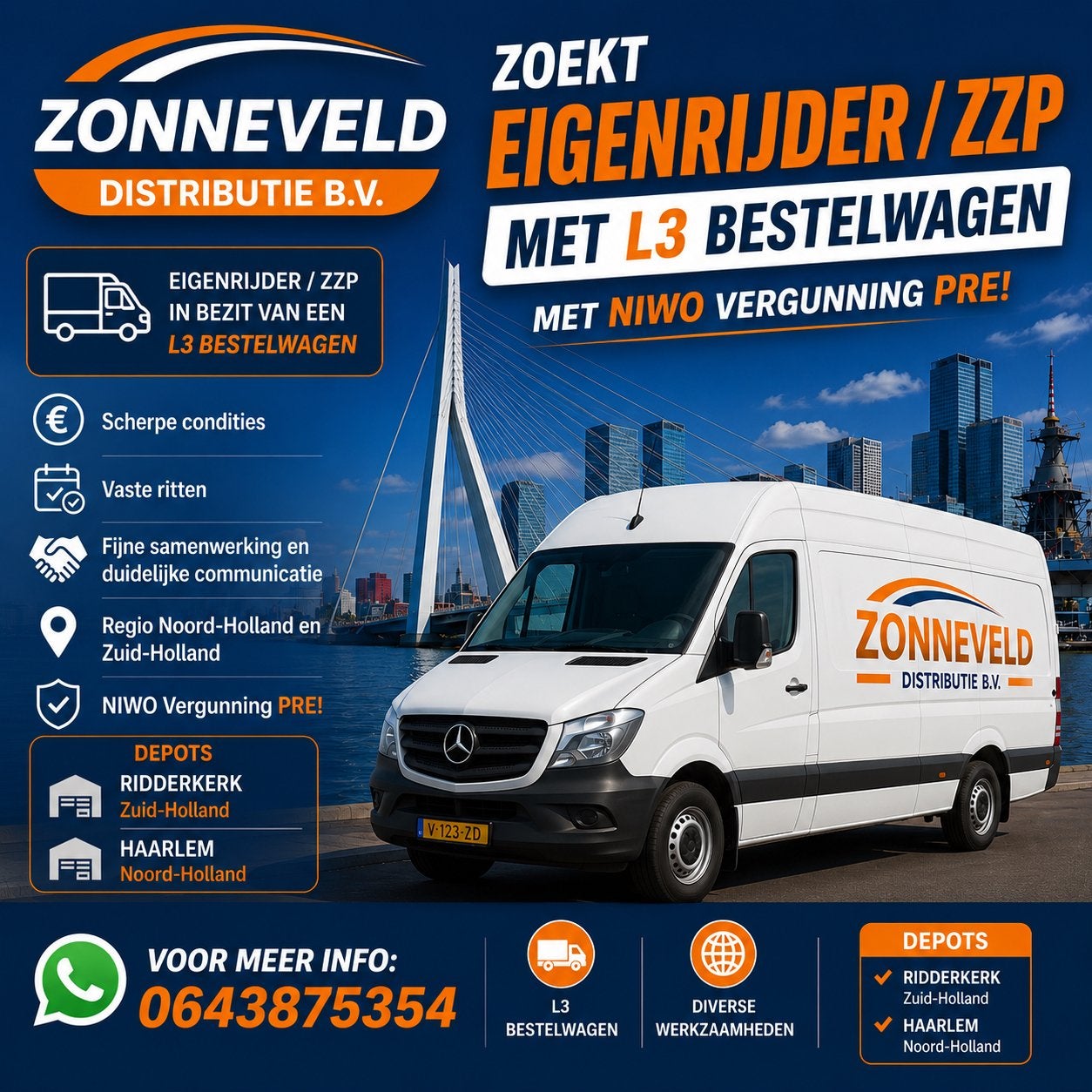 GEZOCHT EIGENRIJDERS / KOERIERS REGIO ROTTERDAM EN AMSTERDAM, Koeriersdiensten