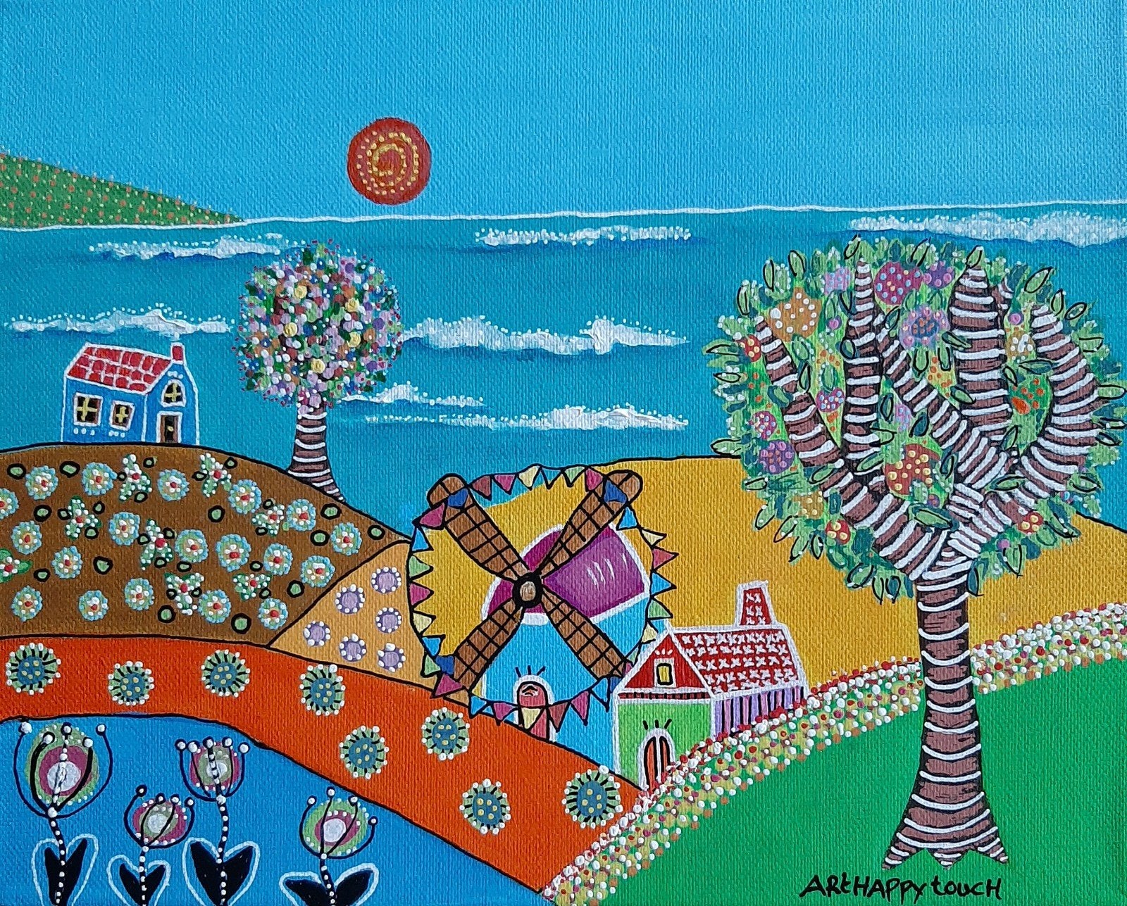 Schilderij Dorpje aan zee vrolijk acryl op canvas, Ophalen of Verzenden, Acrylverf, Landschap