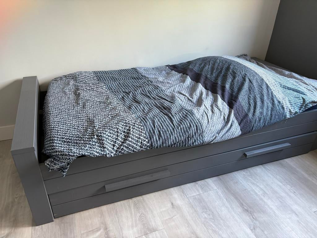 Woood Dennis Grijs eenpersoonsbed met handige opberglade, Ophalen, 90 cm, Eenpersoons, Zo goed als nieuw