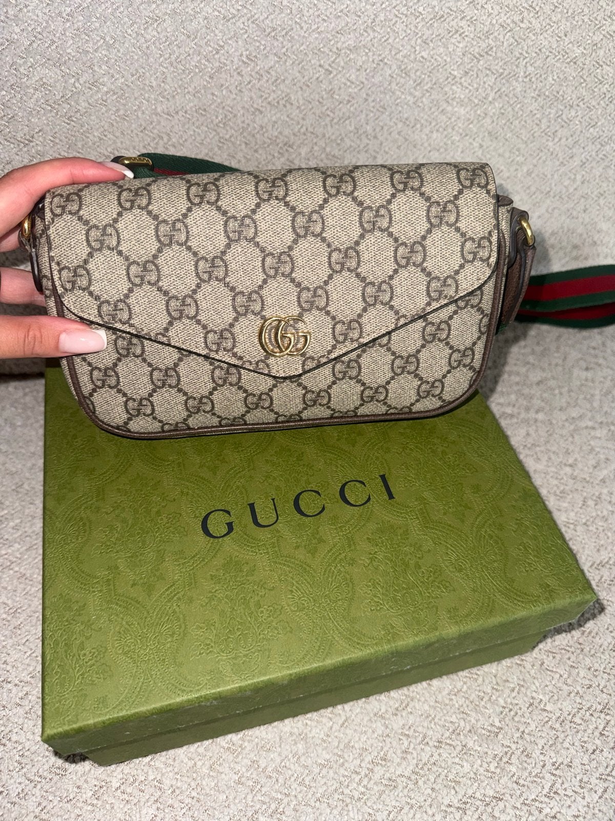 Gucci Ophidia GG Supreme Pochette Schoudertasje, Ophalen of Verzenden, Zo goed als nieuw, Bruin, Schoudertasje