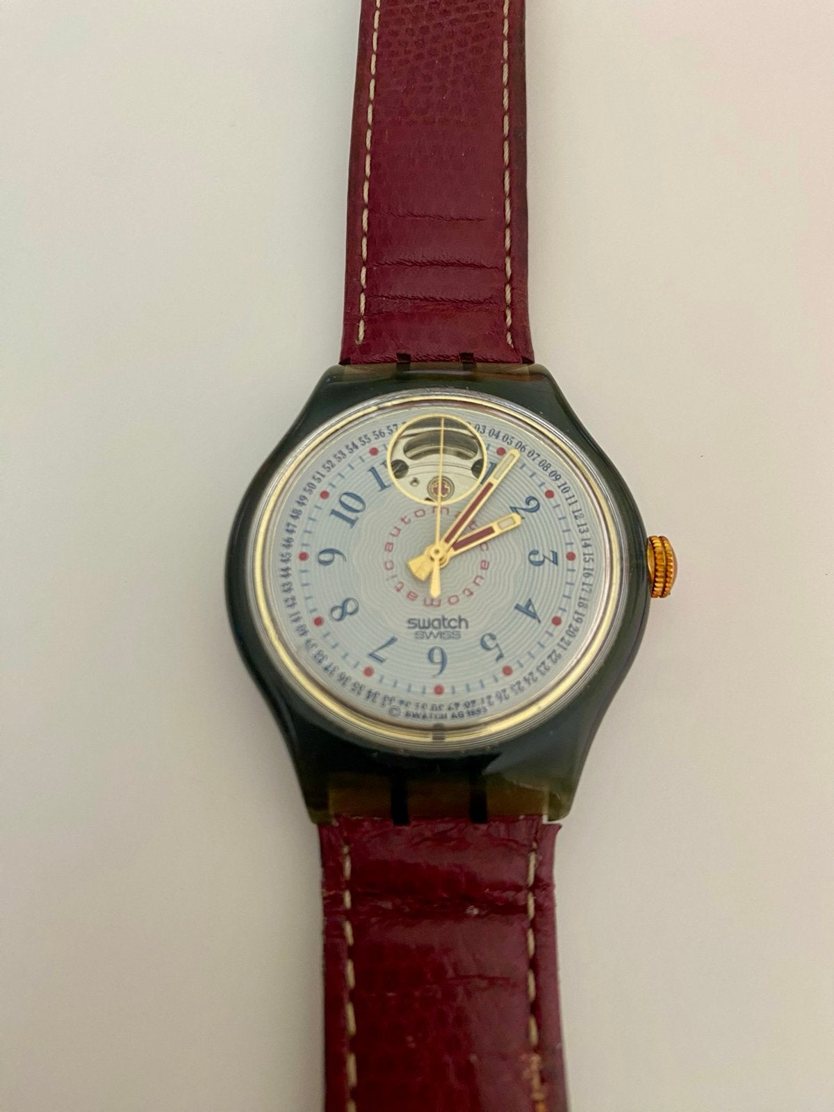 Swatch Automatic Horloge met Leren Bandje, Sieraden, Tassen en Uiterlijk, Kunststof, Polshorloge, Swatch, Ophalen of Verzenden
