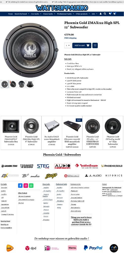 Phoenix Gold ZMAX122 High SPL 12 inch Subwoofer 1500W RMS, Hifi-Focus, Aalsmeerderweg 173 1432 CL, Aalsmeer, Nieuw, Ophalen of Verzenden