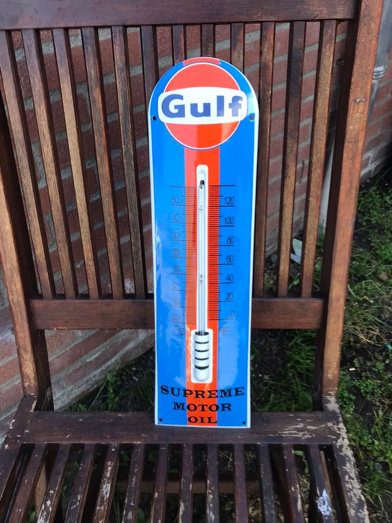 Gulf emaille reclame thermometer, Ophalen of Verzenden, Gebruikt, Reclamebord