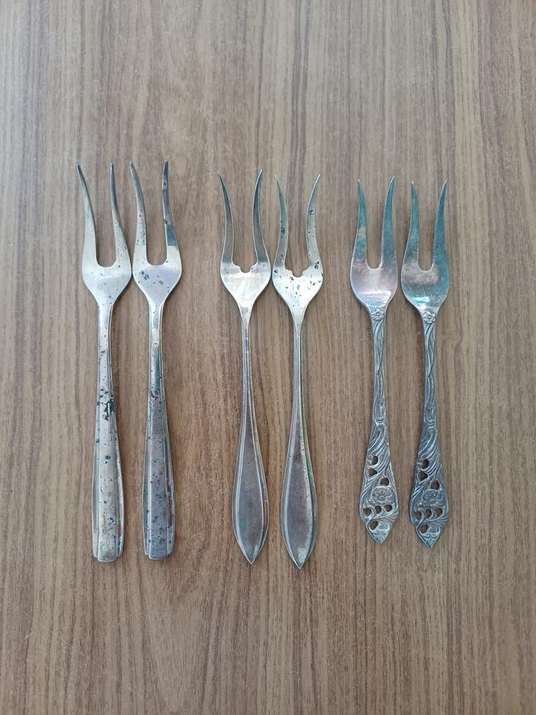 Vleesvorkjes verzilverd / 3 verschillende modellen, Ophalen of Verzenden, Gebruikt, Zilver, Los bestek