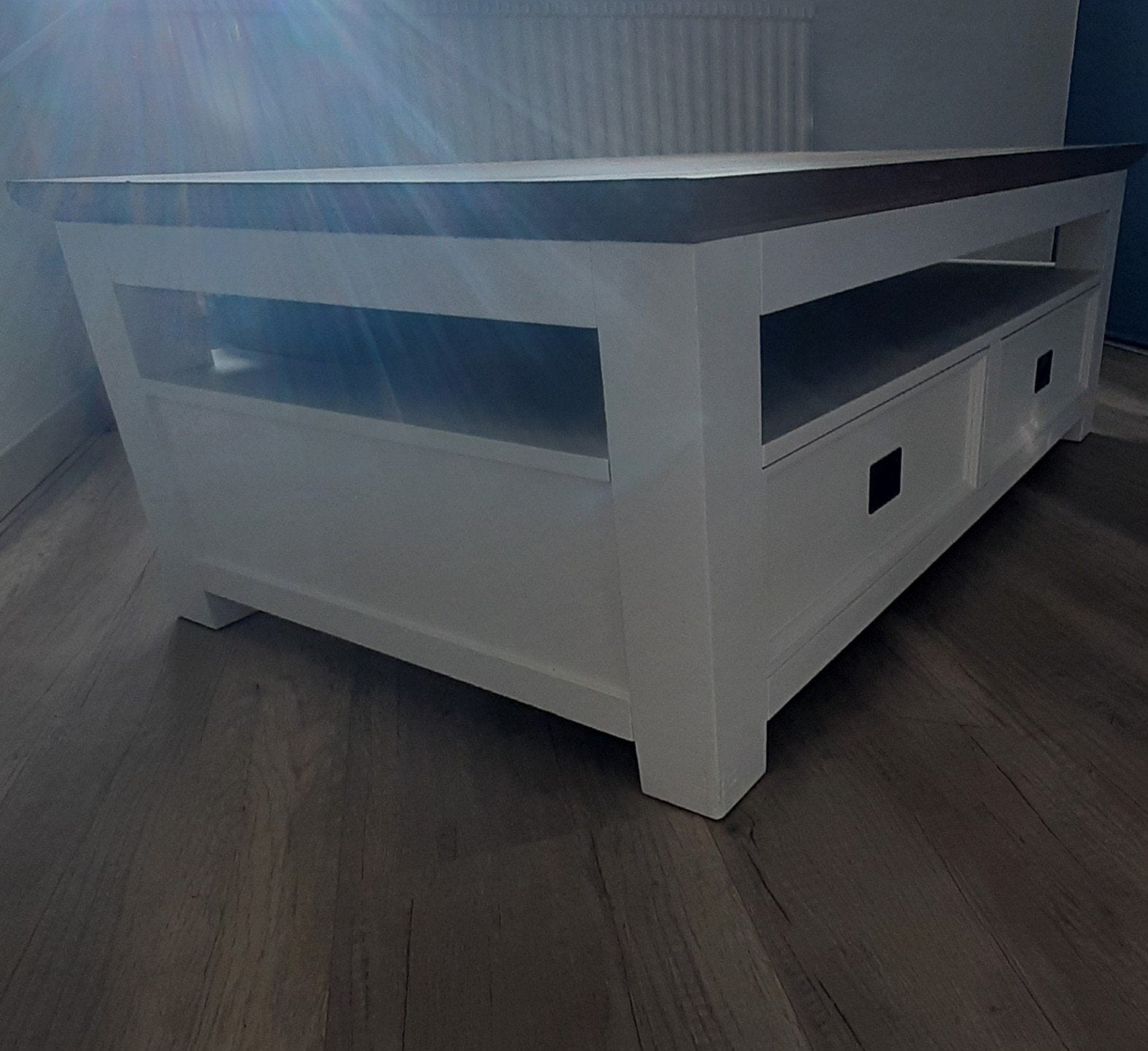 Salontafel met lades - Wit met houten blad, Huis en Inrichting, 100 tot 150 cm, 50 tot 100 cm, Zo goed als nieuw, Landelijk, Modern