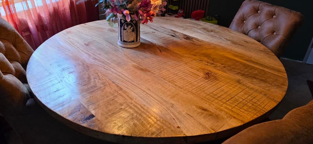 Ronde Eettafel 150 cm Mango hout - Spinpoot zwart, Ophalen, Zo goed als nieuw, 4 tot 6 stoelen
