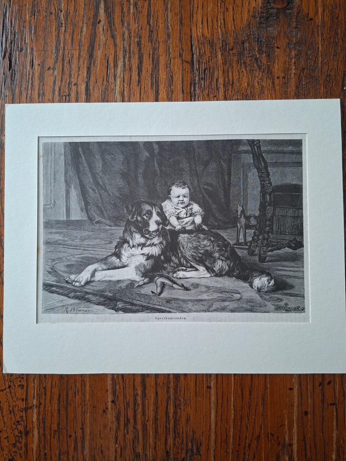 Antieke Houtgravure "Speelkameraden" - Hond en Baby, Antiek en Kunst, Kunst | Etsen en Gravures, Dagelijks leven, 1800 - 1899