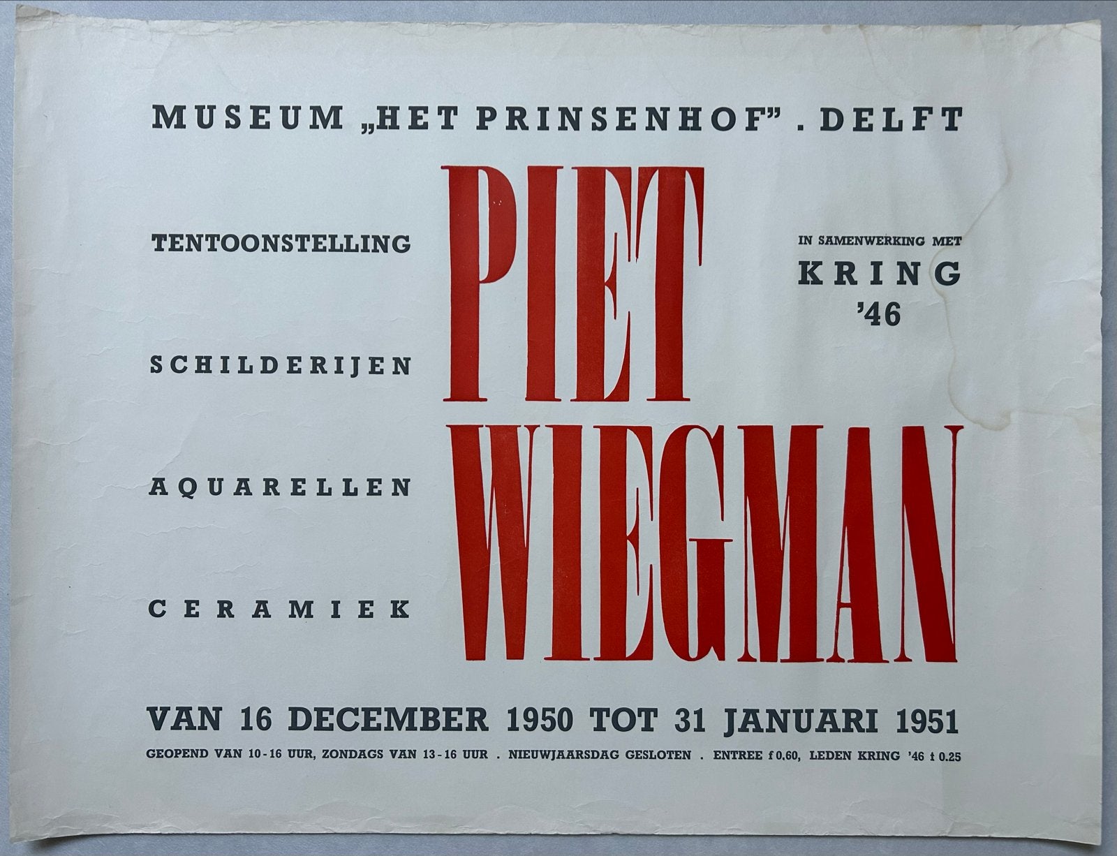 Piet Wiegman Tentoonstelling Poster - Museum Het Prinsenhof, Gebruikt, Rechthoekig Liggend, Ophalen of Verzenden, A1 t/m A3