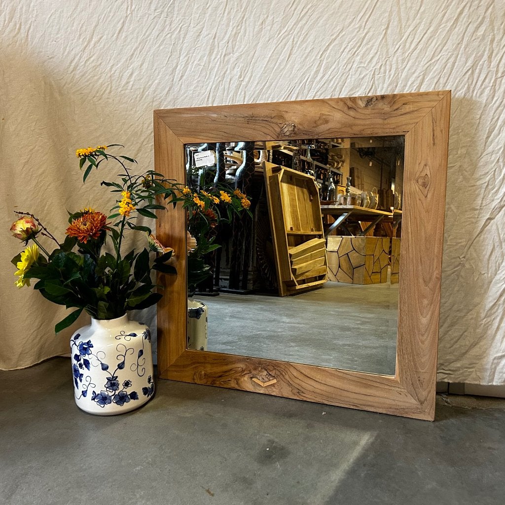 spiegel (facet) met teak lijst - 80 x 80 cm - Gratis bezorgd