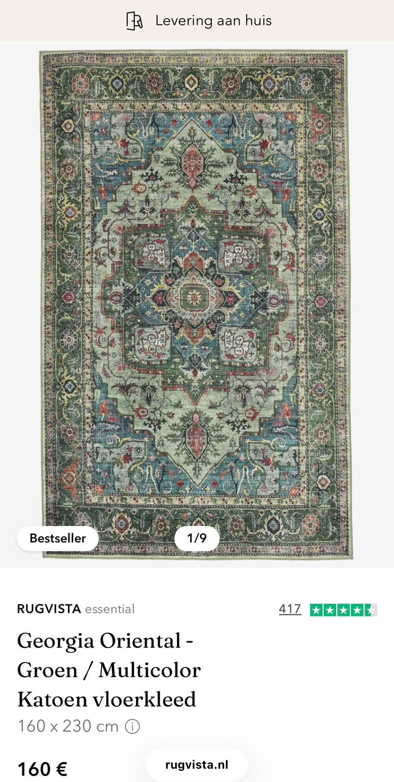 Rugvista Georgia Oriental - Groen Katoen vloerkleed 160x240, Huis en Inrichting, Ophalen, 150 tot 200 cm, 200 cm of meer, Zo goed als nieuw
