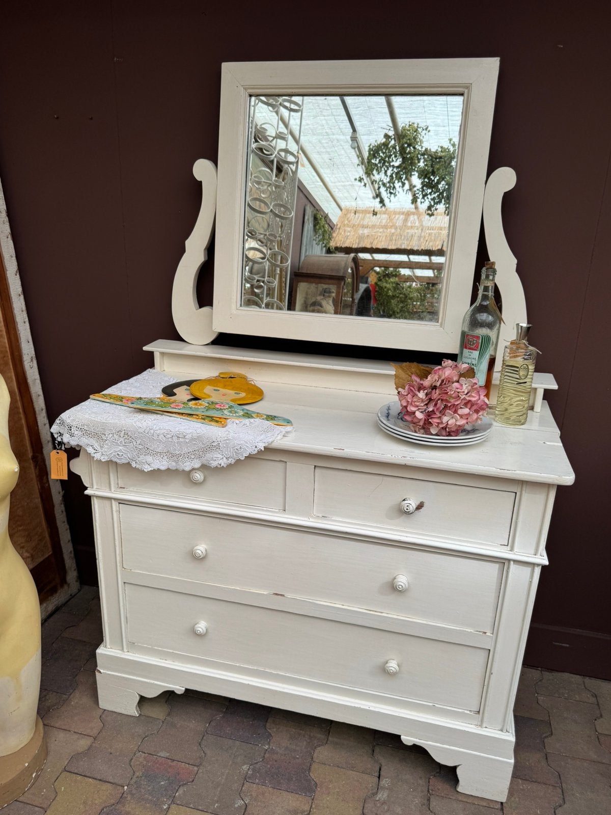 SALE kaptafel, grenenhout, spiegel, lades, oud-wit, Frans Landelijk, Ophalen of Verzenden, Zo goed als nieuw, Nvt