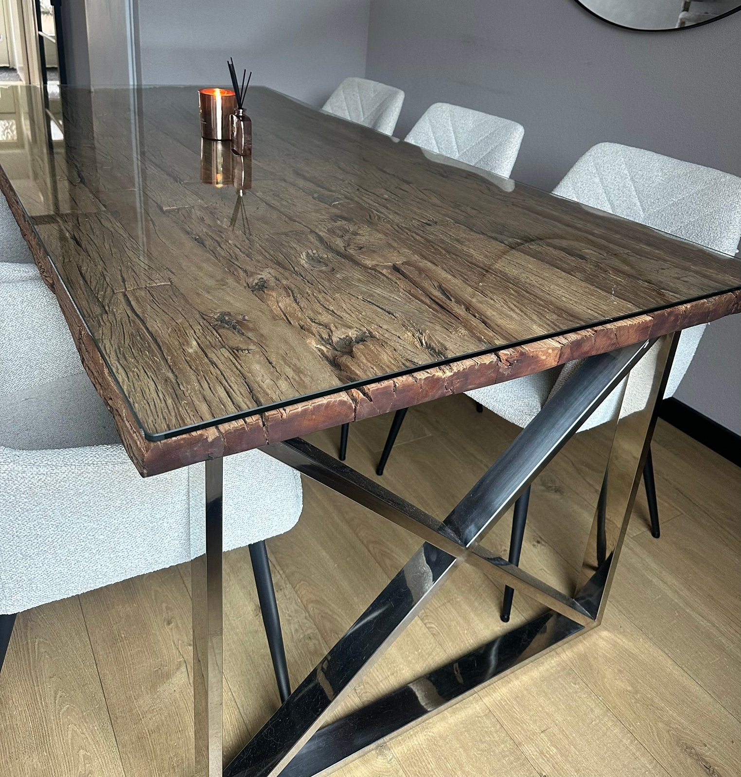 Eettafel hout met glasplaat, Huis en Inrichting, Ophalen, 50 tot 100 cm, Zo goed als nieuw, Vijf personen of meer